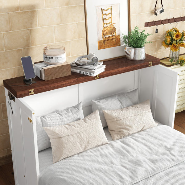 English Elm Murphy Cabinet Bed Full Pine Frame Built in Charging Station Drawer Studio Guest Room W504S00192