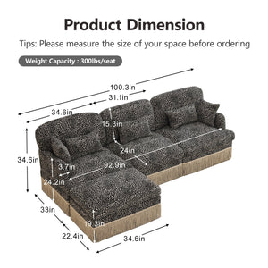 English Elm 100"comfy Chenille Leopard Print Sectional Sofa with Tassel Trim and Movable Ottoman Khaki W5656S00023
