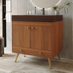 English Elm Mid-century Freestanding Bathroom Vanity Marble Stone Top Ceramic Sink Gold Legs W3136S00064