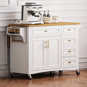 English Elm K&K 52" Kitchen Island with Embossed Farmhouse Texture, Drop Leaf, Spice & Towel Racks, Wheels White N707P195393W