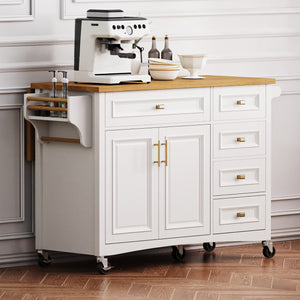 English Elm K&k Farmhouse Rolling Kitchen Island Oak Veneer Top with Drop Leaf and Storage Drawers White N707S195393W