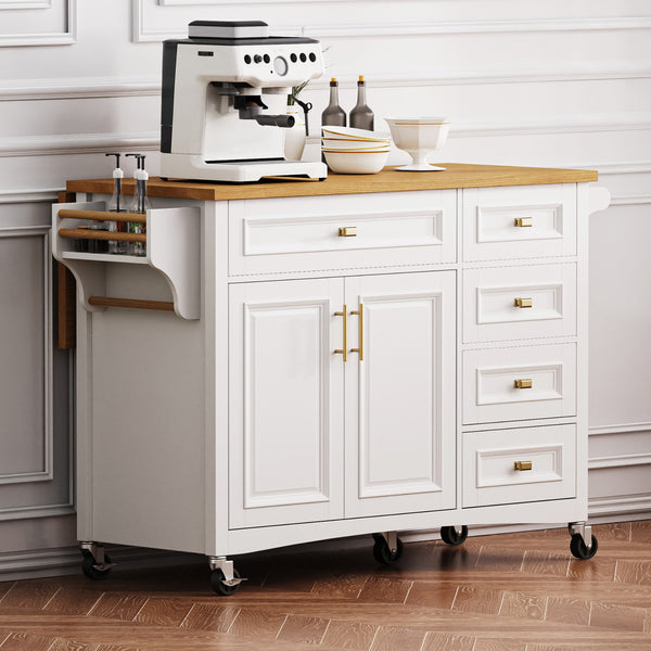 English Elm K&k Farmhouse Rolling Kitchen Island Oak Veneer Top with Drop Leaf and Storage Drawers White N707S195393W