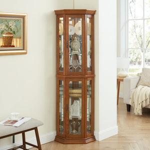 English Elm Lighted Corner Curio Cabinet - Elegant Display Shelf With Adjustable Glass Shelves & Ambient Lighting W1758P300137