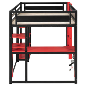 English Elm Full Size Loft Bed with Rgb Lighting Chevron Desk Usb Charging Ports and Storage Shelves Black+Red LT000286AAR