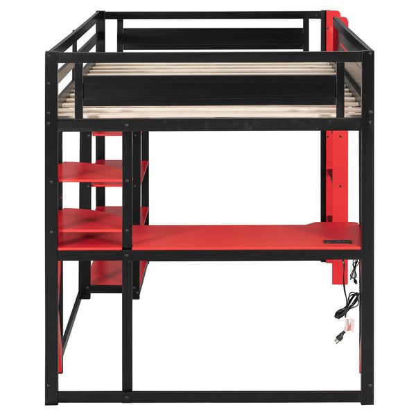 English Elm Full Size Loft Bed with Rgb Lighting Chevron Desk Usb Charging Ports and Storage Shelves Black+Red LT000286AAR