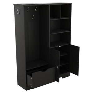 English Elm Multi-functional Entryway Hall Tree with Hooks Bench Drawer Cabinet in Matte Black W1307S00034