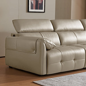 English Elm Genuine Top-grain Leather Three-seat Sofa with Reclining Backrests and Center Storage Beige White W1765S00132