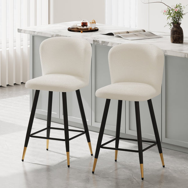English Elm Christopher Knight Home® - 25.79'' Modern Barstool with Soft White Fabric Seat, Ergonomic Curved Back, Black Metal Legs with Gold Tips N780P228983W