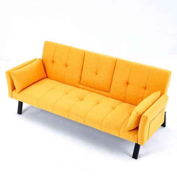 English Elm 70-inch Foldable Cotton Linen Sofa Bed with Cup Holder & Side Storage, Space-Saving 2-Seater Design Yellow W3371P337202