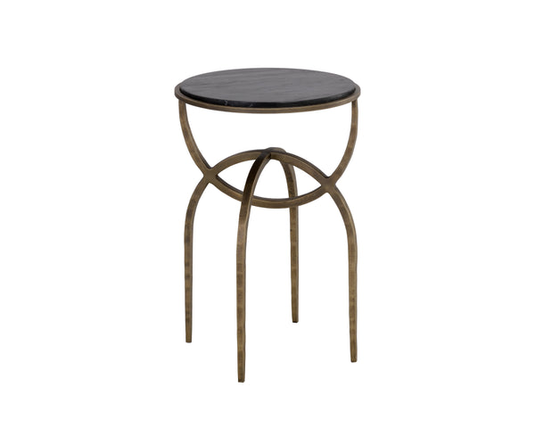 Sunpan Alicent End Table - Stunning Round Marble Top with Antique Brass Iron Base, Handcrafted Elegance Black Marble