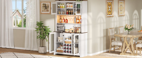 English Elm 70.9" Farmhouse Hutch Pantry with Led Lighting Wine Rack Mesh Doors and Built-in Power White CH361426AAK