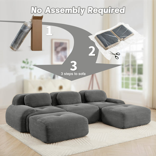 English Elm U-shaped Modular Sectional Corduroy Sofa with Wide Armrests for Living Room Comfort Grey W714S01268
