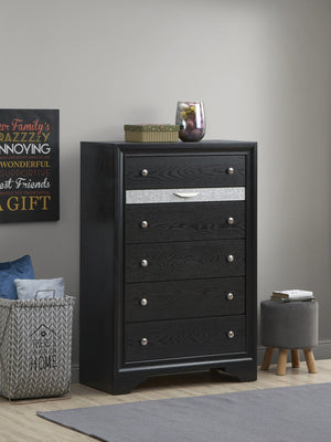 English Elm Madrid 6-Drawer Chest with Felt Lined Tray, Silver Acrylic Trim & Nickel Handles for Modern Storage Black 56 L x 37 W x 20 H B078P286059