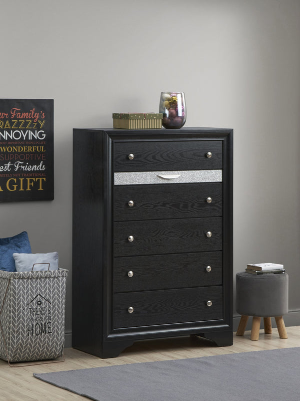 English Elm Madrid 6-Drawer Chest with Felt Lined Tray, Silver Acrylic Trim & Nickel Handles for Modern Storage Black 56 L x 37 W x 20 H B078P286059