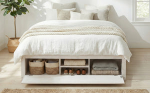 English Elm Queen Platform Storage Bed with Hydraulic Lift Footboard and Four Drawers Antique Finish White LP000139AAK