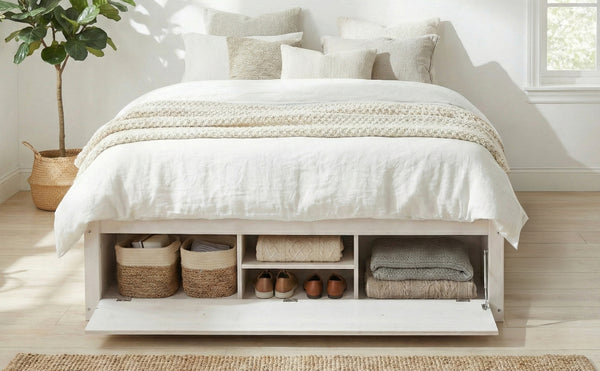 English Elm Queen Platform Storage Bed with Hydraulic Lift Footboard and Four Drawers Antique Finish White LP000139AAK