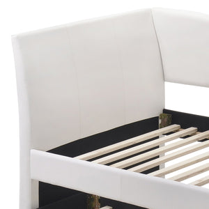 English Elm White Twin Upholstered Daybed Trundle Set with Sloped Panels, 28-Slat No-Box Spring Design, Wheelable Trundle B062S00475