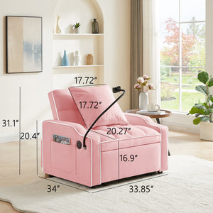 English Elm Sleeper Sofa Chair Velvet Convertible Armchair with Usb Charging for Small Spaces Pink W1359P458678