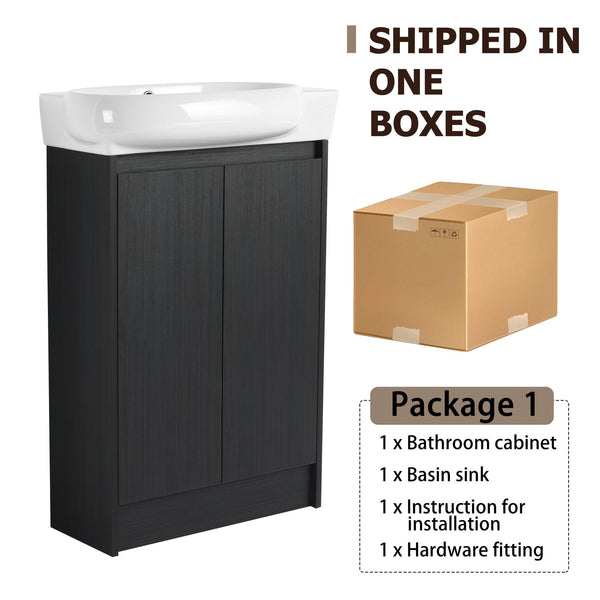 English Elm 23" Freestanding Bathroom Vanity with Ceramic Vessel Sink, Soft-Close Doors, Adjustable Shelf Storage Black Chestnut W999P206107