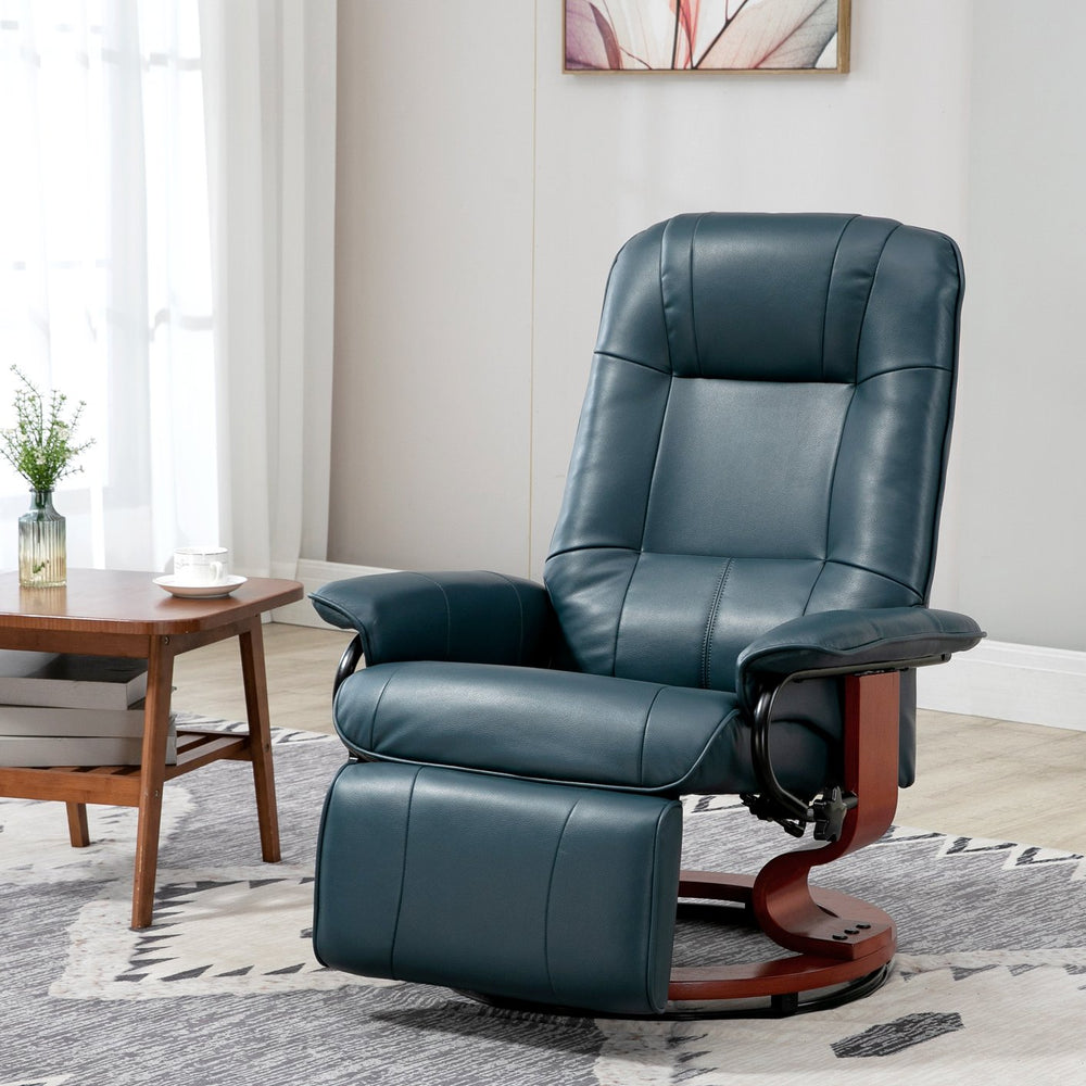 English Elm HOMCOM Blue Faux Leather Manual Recliner Chair with Swivel Wood Base, 145° Recline & Footrest Comfort W2225P173865