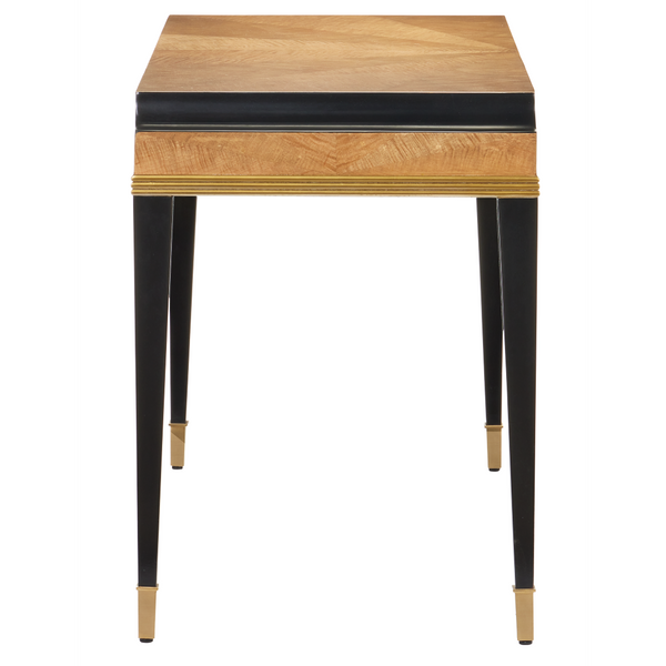 Kallista Modern Writing Desk with Taupe Finish, Polished Brass Accents & Stylish Distressed Design