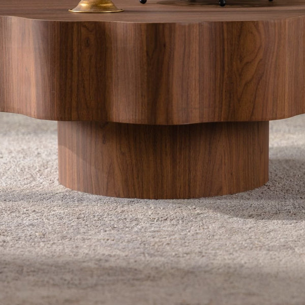 English Elm 31.5" Scalloped Round Coffee Table Walnut Grain Mdf Sculptural Living Room Accent W3158P395511