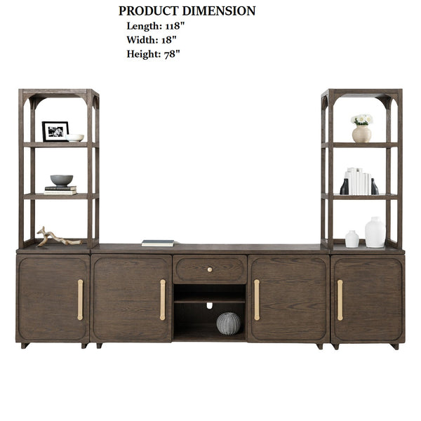 English Elm Transitional Vellara Entertainment Center Dark Walnut Finish 118"W x 78"H Recessed Panels, Gold Handles B2741S00692