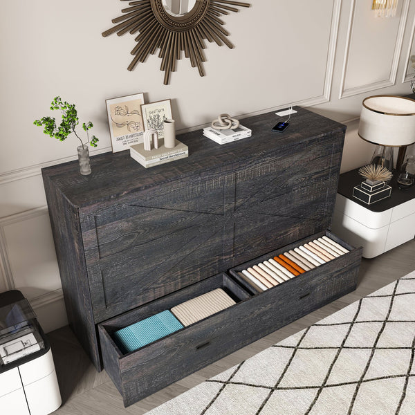 English Elm 57 Inch Murphy Bed Cabinet with Storage Drawers Charging Station and Rolling Casters Carbon Black W509S00157
