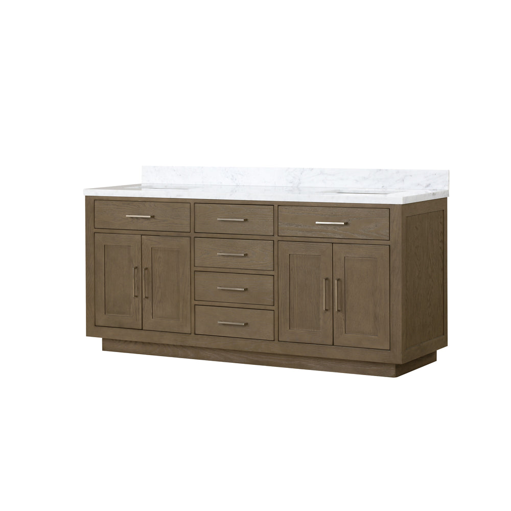 English Elm Grey Oak Double Bath Vanity 72" W With Carrara Marble Top – Elegant Design & Ample Storage Solutions B2731P257782