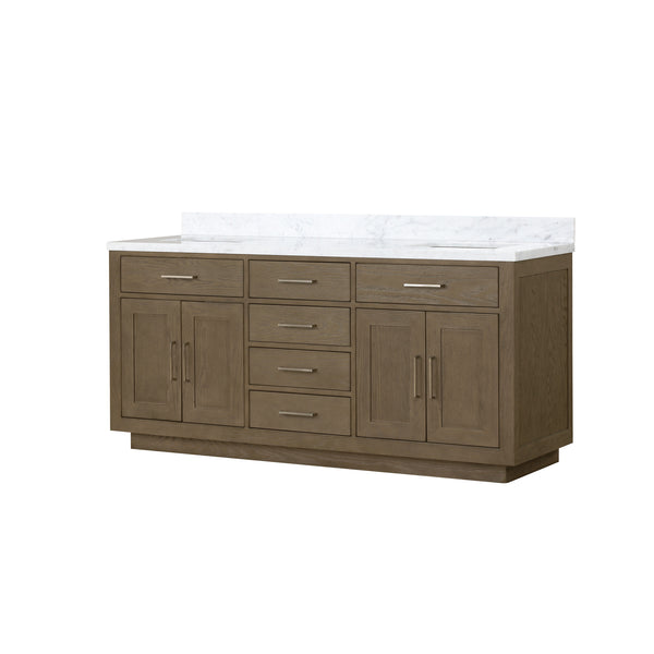 English Elm Grey Oak Double Bath Vanity 72" W With Carrara Marble Top – Elegant Design & Ample Storage Solutions B2731P257782