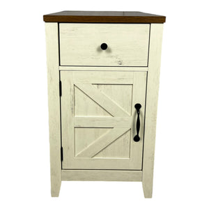 English Elm Farmhouse Nightstand with Charging Station and Barn Door Drawer — USB-C, AC Outlets, Compact Storage Brown+White W1412P230407
