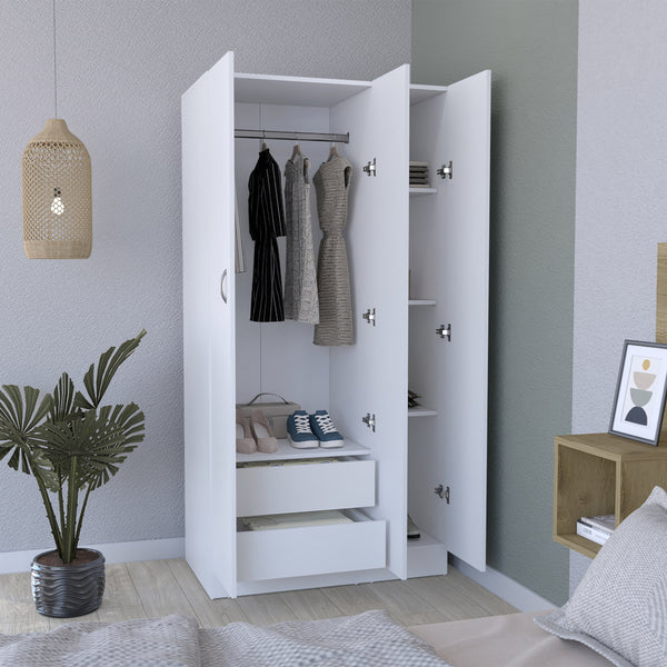 English Elm Ohio Armoire Wardrobe with 3 Doors, 2 Drawers & 4-Tier Shelves — Spacious Storage, Sturdy Handles, Organized Style White 74 L x 23 W x 2 H B070S00206