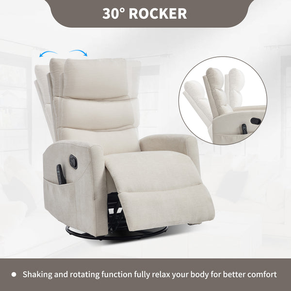 English Elm Heat Massage Swivel Rocker Recliner with Lumbar Nodes and Fabric Upholstery W3224P357559