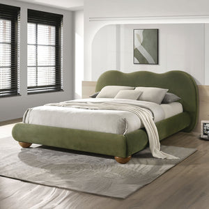 English Elm Brown Boucle Eastern King Bed Camel Back Headboard Round Bun Feet Upholstered Frame Olive Green B2741S00831