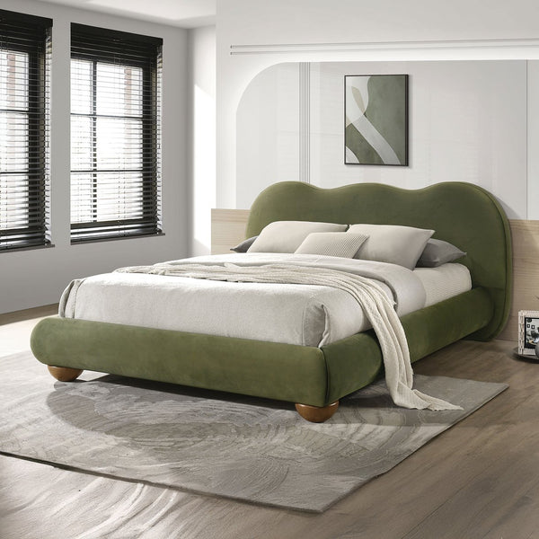 English Elm Brown Boucle Eastern King Bed Camel Back Headboard Round Bun Feet Upholstered Frame Olive Green B2741S00831