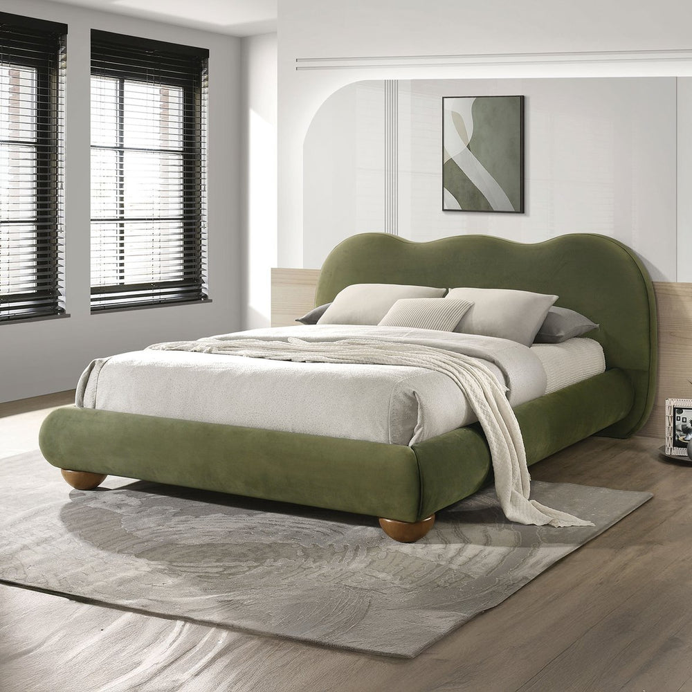 English Elm White Boucle Queen Bed Camelback Upholstered Frame with Round Bun Feet Modern Bedroom Olive Green B2741S00830