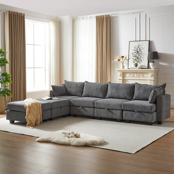 English Elm 113.5'' Modular Sectional Sofa with Storage Ottoman, Convertible U or L Shape Sleeper for 6 Seats Dark Gray W834S00252