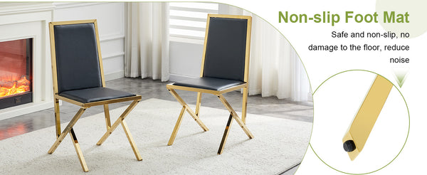 English Elm Table Set Oval Tempered Glass Top Gold Column Base with Eight Pu Leather Dining Chairs Black+Gold,Transparent W1151S04770