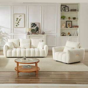 English Elm 3 Plus 1 Seater Teddy Fleece Sofa Set Wooden Frame Foam Spring Living Room Pair Beige W1193S00189