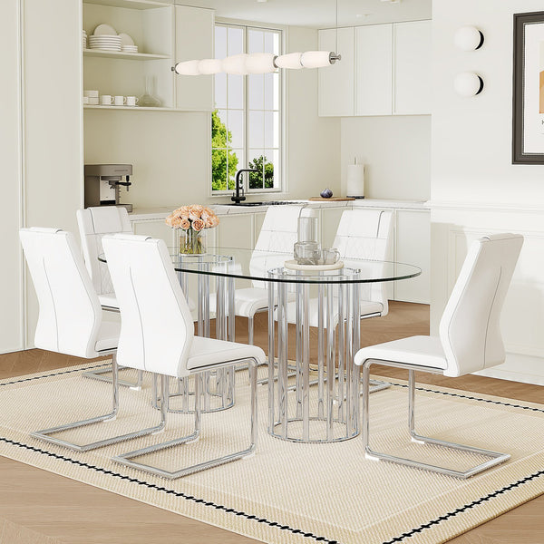 English Elm Table and Chair Set Oval Glass Top Twin Column Base with Six Pu Leather Seats Silver,Transparent,White W1151S04738