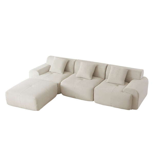 English Elm 113" Modular L-shaped Sectional Sofa Corduroy Upholstered with Movable Ottoman Beige W1359S00061