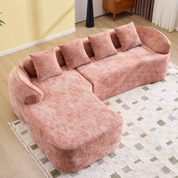 English Elm Pink chenille L-shaped sofa with high-elastic sponge, curved armrests, 4 throw pillows, 900lb capacity W3612S00018