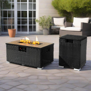 English Elm 32" Outdoor Propane Fire Pit Table with Ceramic Top, 50,000 BTU Stainless Steel Burner, Wicker Base and Tank Cover Dark Gray W853P202194