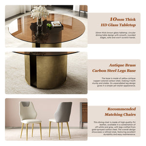 English Elm 59-Inch Modern Round Dining Table Set With Dark Brown Glass Top & Antique Copper Steel Legs For Stylish Dining W509S00146