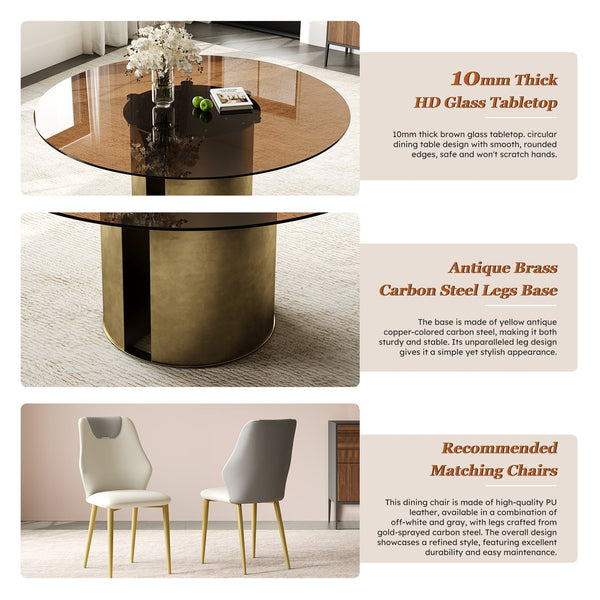 English Elm 59-Inch Modern Round Dining Table Set With Dark Brown Glass Top & Antique Copper Steel Legs For Stylish Dining W509S00146