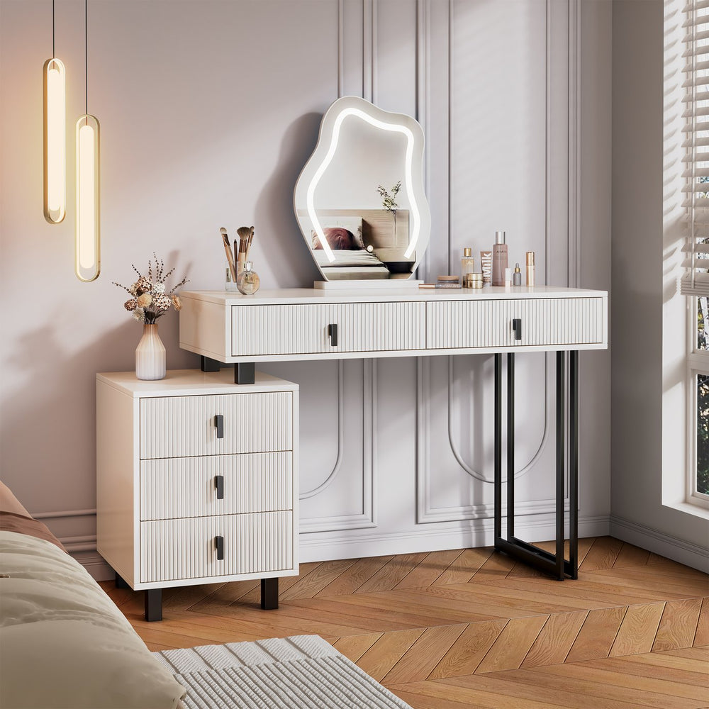 English Elm Adjustable-length Makeup Vanity with Cloud Led Mirror Ribbed Drawers and Modular Storage W3767P441919