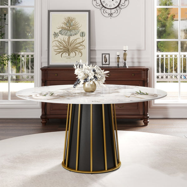 English Elm 59.05"Modern 59.05" Modern Round Dining Table With Premium Sintered Stone Top & Iron Base For 6-8 People W1535S00446