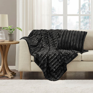 JLA Home Madison Park - Long Faux Fur Throw with Silky Micro-Fur Reverse, OEKO-TEX Certified, Lightweight Cozy 50x60 Inches Black MP50-453
