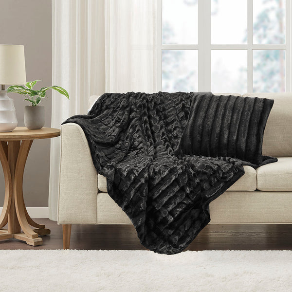 JLA Home Madison Park - Long Faux Fur Throw with Silky Micro-Fur Reverse, OEKO-TEX Certified, Lightweight Cozy 50x60 Inches Black MP50-453