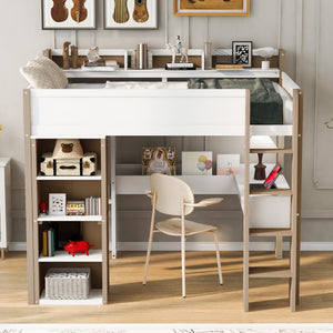 English Elm Full Size Wood Loft Bed With Desk, Wardrobe & Storage Shelves - Stylish Space-Saving Solution! N7090005007K